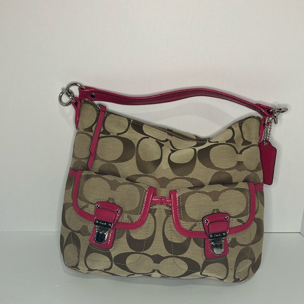 Coach Logo Hobo: Brown & Cream w Fuchsia trim and handle; very good condition